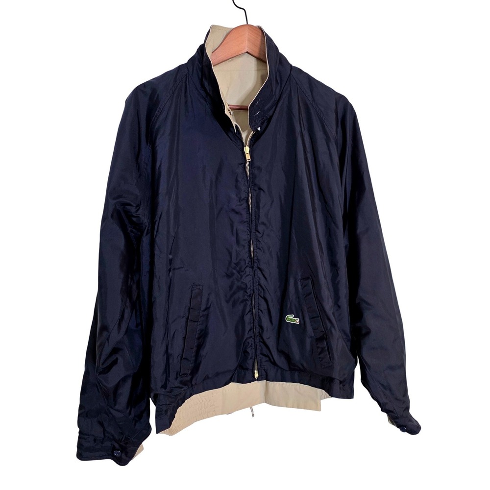 Vtg Lacoste Mens Reversible Harrington Jacket Beige Navy Blue Full Zip Croc XL